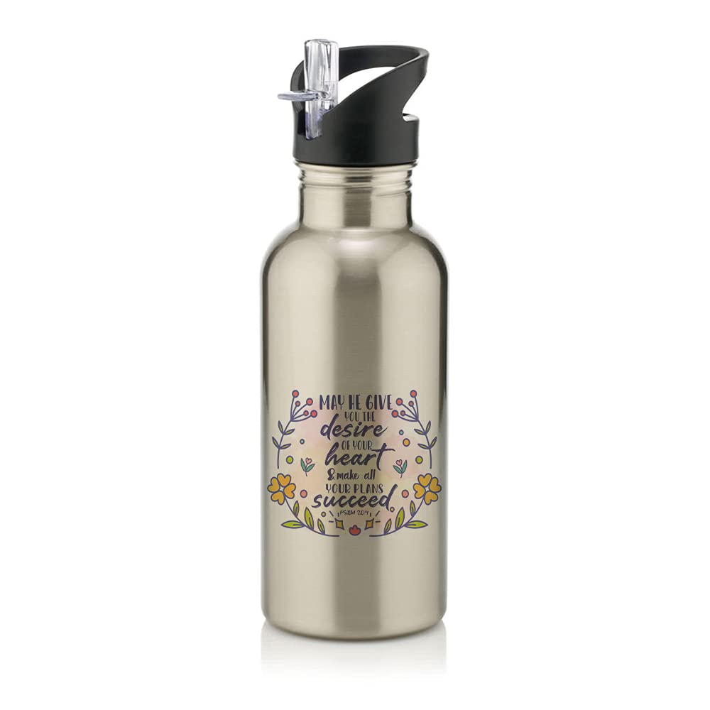 Getagift Men's Silver May He Give You The Desires Of Your Heart Bible Verse/Quote Faith In God Present For /Wo, Thanks Giving, Birthday Present Stainless Steel 600Ml Water Bottle With Straw. (Silver)