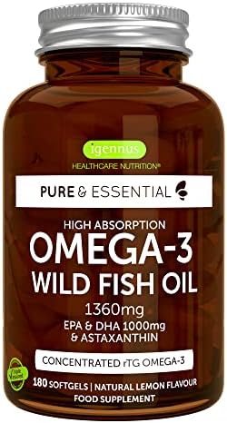 Pure & Essential High Absorption Omega-3 Wild Fish Oil 1360mg, EPA DHA 1000mg & Astaxanthin 1mg, Lemon Flavour, 180 Capsules