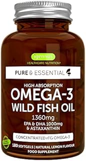 Pure & Essential High Absorption Omega-3 Wild Fish Oil 1360mg, EPA DHA 1000mg & Astaxanthin 1mg, Lemon Flavour, 180 Capsules