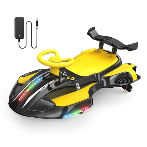 12V Electric Wiggle Car Ultra with Pedals, Rechargeable Swing & Drift Car, Anti-Rollover Design with Backrest, Spray, Flashing Lights, Music & Bluetooth, for Ages 3 and Up, 150 lbs(Yellow + Black)