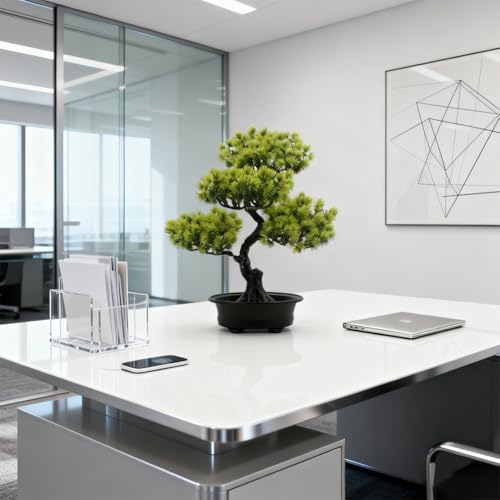 SZJFYMQ Kunstpflanze Zeder, Kunstbaum Tisch Bonsai Zeder mit 33cm im schwarzen Keramiktopf mit feinen Kieselsteinen - Künstliche Bonsaipflanze Dekopflanze klein Wohnraumdekoration