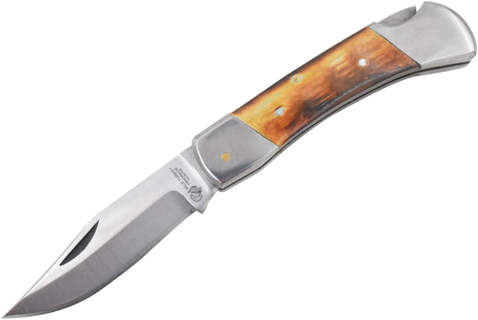Wild Turkey Handmade Collection Everyday Carry Lock Back Manual Folding Knife w/Leather Sheath - Smooth One Handed Bone Handle Pocket Knife (4-Burn Bone)
