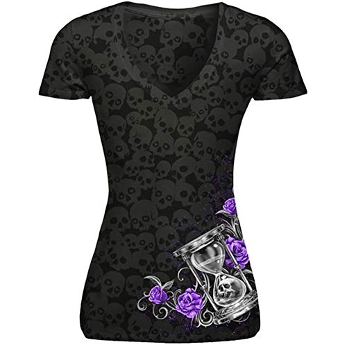Lethal Angel Women's Hourglass Skull-Skull Burnout V-Neck T-Shirt Black L
