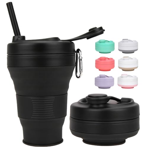 MOMAHUA 600ml/20oz Collapsible Coffee Cup with Lids Black Silicone Portable Large Capacity Water Cups Reusable Coffee Mug Foldable Camping Travel Cup Fits in Your Pocket Folding Mug Collapses to 6cm
