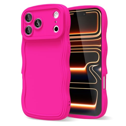 oakxco Silicone Case for iPhone 17 Pro/ 18 Pro Case Wavy Edge, Cute Curly Wave Frame Ripple Trendy Design Girly Phone Case for Women, Y2k Aesthetic Plain Matte Rubber & Camera Cover, Neon Hot Pink