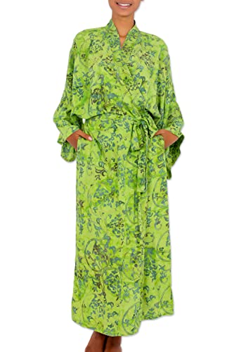 Novica Handmade Batik Robe Green Rayon Patterned Indonesia Flash Greenery Floral 'Emerald Forest' #TOP1