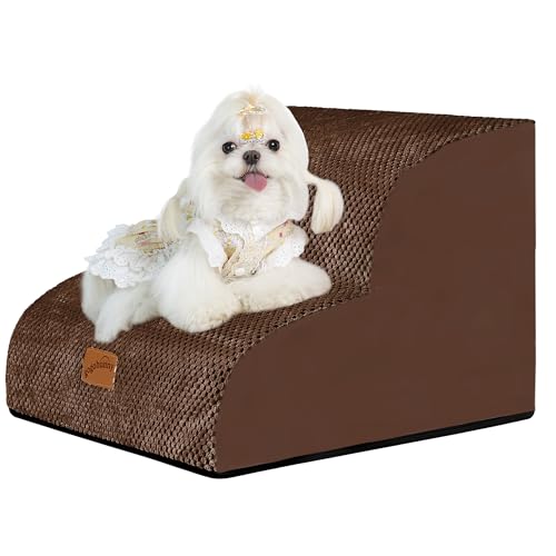 GoGoBunny Ramp Dog Stairs for Couch Sofa and Chair 11.8" H, 2-Step Pet Steps for Small Dogs and Cats, Non-Slip Waterproof Fabric Cover, Stable and Balanced Indoor Step, Pets Friendly, Brown