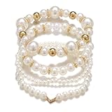 Layered Pearl Stretch Bracelets Set for Women Daisy Flower Heart Star Simulated Pearl Stackable Elastic Bracelets Chunky Beaded Ball Adjustable Multilayer Bangles Wedding Jewelry Gift-Style 1