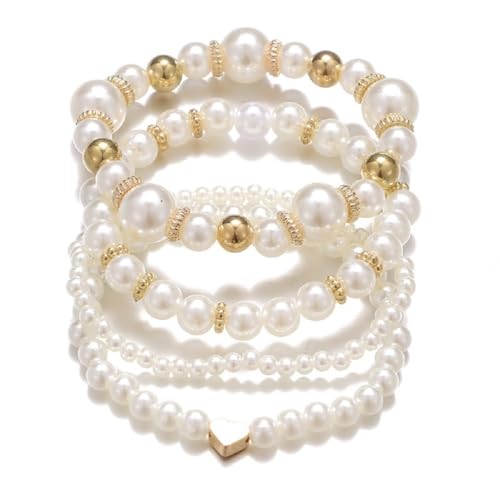 Layered Pearl Stretch Bracelets Set for Women Daisy Flower Heart