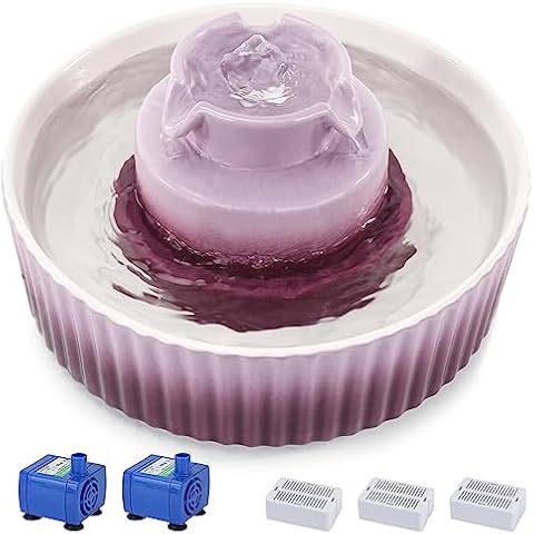 Lawfery Ceramic Cat Water Fountain, 2.1L/71oz Cat Fountain with 3 Carbon Filters and 2 Water Pumps, Cupcake Pet Water Fountain for Cats and Dogs (Purple) Cover