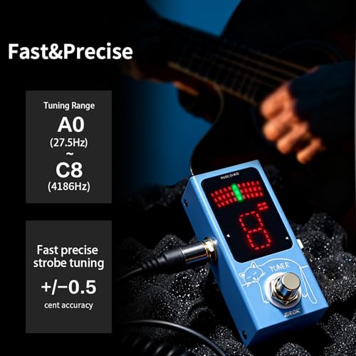 EROK Mini Tuner Pedal - Compact Size with Pitch LED Indicator for Electric Guitar & Bass, True Bypass