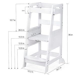 Toetol bamboo toddler kitchen step stool white helper standing tower height adjustable with anti slip protection for kids kitchen counter learning  urban country home decor