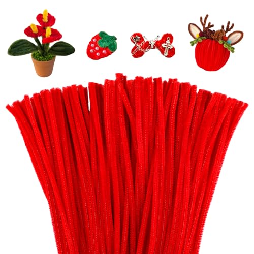 Image of Mnuizu 200Pcs Pipe Cleaners Chenille Stems Craft Pipe Cleaners Fuzzy Sticks | Pipe Cleaners Fluffy Pipe Cleaners Bulk for Flowers, Arts And Crafts Supplies, Christmas Decorations, Red