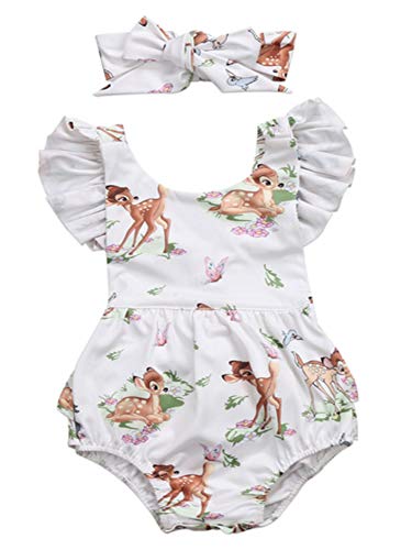 Infant Baby Girl Ruffled Cap Sleeve Sunsuit Romper with Self-Tied Headband 2 pcs Outfit Set White