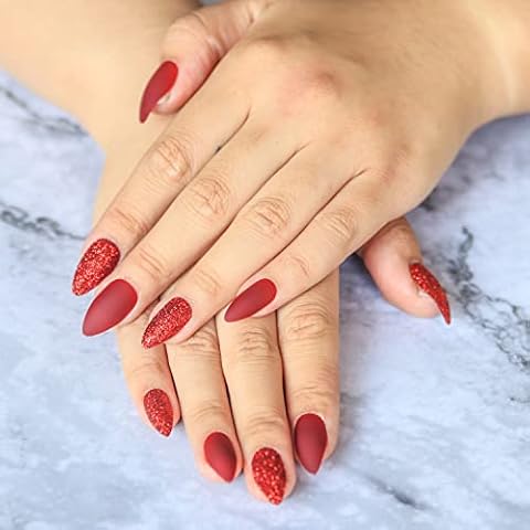 24 Pcs Cute Press on Nails Medium Length,Fake Nails Almond Shaped Acrylic Short Fake Nails with Gel Glue for Women Ladies and Girls (red press on nails) Cover