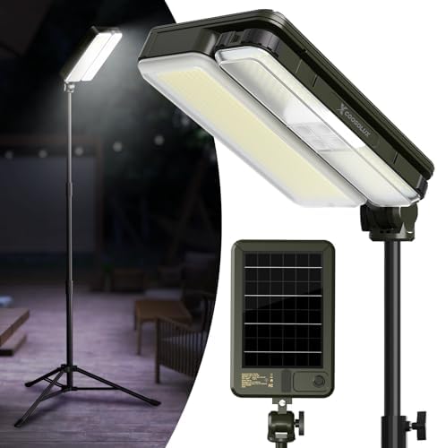 Outdoor Solar Camping Lights with 2 Lighting Heads, IP65 Waterproof LED Work Light, Cordless Solar Powered & USB-C Stand Floor Light with Iron Telescoping Tripod for Fishing Garden 1 Pack