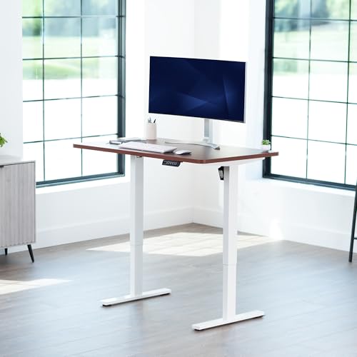Image of VIVO Electric 48 x 30 in Standing Desk, Memory Height Adjustment, 1B Series, Holds 220 lbs, One-Piece Dark Walnut Top, White Frame, DESK-KIT-1W5D