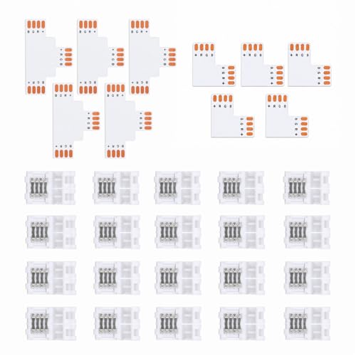 Sylalxeba Set de Conectores para Tira LED de 4 Pines, Conexión sin Soldadura en Forma de L y de T, Adaptador para Banda de 8mm 3535 RGB, Conector de Esquina para Unión de Tiras LED
