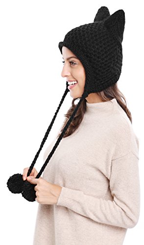 Bellady Winter Cute Cat Ears Knit Hat Ear Flap Crochet Beanie Hat, Black #TOP4