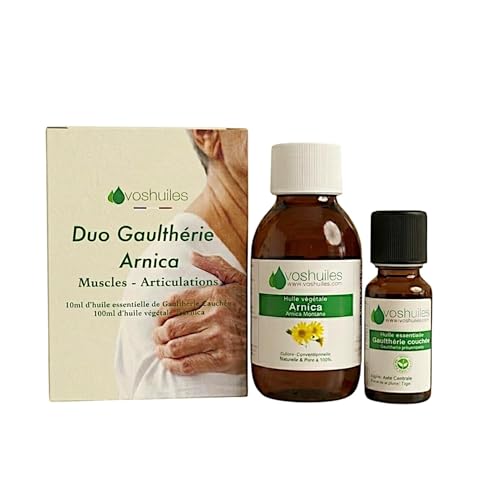 VOSHUILES - Duo Huile Essentielle de Gaulthérie Couchée 10ml et Huile Végétale Neutre de Fleurs d'Arnica 100ml - 100% Pure et Naturelle - Parfum Stimulant...