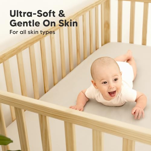 Image of 2-Pack Waterproof Baby Crib Sheets for Boys, Girls, 52x28 (Ecru) | Viscose Derived from Bamboo Toddler Bed Sheet Neutral, Fitted Crib Mattress Protector Cover for Baby Bedding, Soft & Gentle