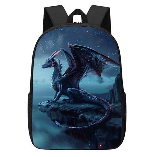 Kids Dragon Backpack, Cool Blue Dragon Standing on the Cliff Edge School Backpacks for Boys Girls, Animal Print Bookbag Water Resistant 17