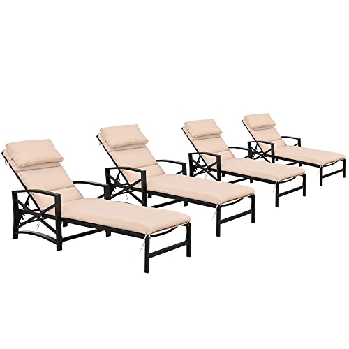Image of LOKATSE Home Patio Chaise Lounge Chairs Set of 4 Outdoor Teslin Furniture Reclining Adjustable with Cushion and Soft Pillow for Pool,Deck,Yard