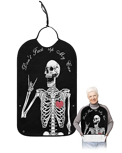 Love Heart Roses Skeleton Adult Bibs for Eating, Waterproof Bibs with Food Catcher & Adjustable Snap Closure, Black White Abstract Art Aesthetics Clothing Protectors Adult Bibs for Elderly Women/Men