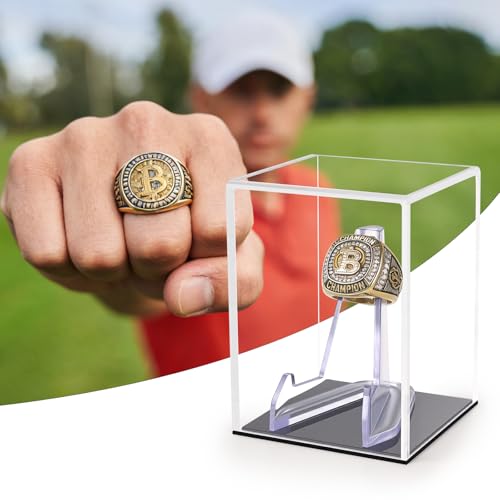 Image of Hooqict Championship Ring Display Case Clear Acrylic Ring Case Display Box UV Protected with Base for Sports Baseball Softball Football Single Ring Coin Holder Stand