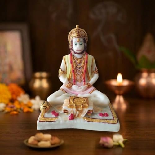Image of Blessing Hanuman Idol - Multicolor Sitting Bajrangbali Murti with Gada for Home Temple Decor | Lord Hanuman Ji Statue for Strength, Protection & Devotion | Puja Showpiece Gift (15 Cm Hanuman Ji.)