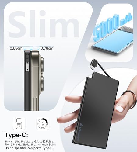 Auskang 5000mAh Power Bank con cavo Type-C integrato, caricatore portatile ultra sottile e super leggero, piccola batteria esterna, compatibile con iPhone15 Series, Samsung, Xiaomi, ecc.-Nero - 2