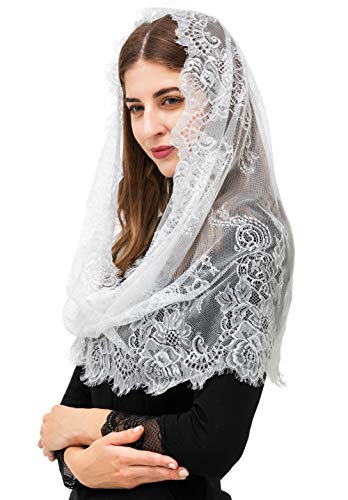 PAMOR Spanish Style Lace Traditional Vintage Inspired Infinity Shape Mantilla Veil Latin Mass Head Covering (White)
