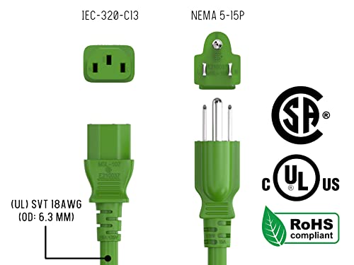 Cable Leader 2Ft 18 Awg Universal Power Cord Iec320 C13 To Nema 5-15P, Green #TOP5