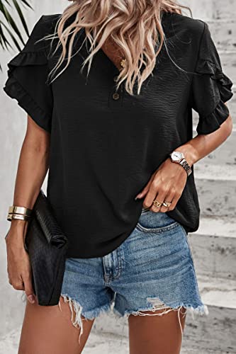 Ecoiwsh Womens Summer Tops Dressy Casual Ruffle Short Sleeve Tunics Shirts Blouses Spring Tops For Women Black L #TOP1