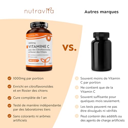 Vitamine C 1000mg - Cure de 6 Mois, 180 Comprimés Vegan - Contribue à réduire la Fatigue, au Fonctionnement Normal du Système Immunitaire et à la Formation de Collagene - Vitamin C - Nutravita – Image 8