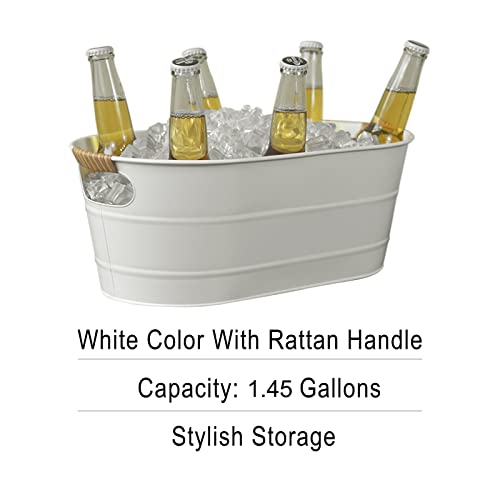 Lf Likefair 2 Pack Farmhouse Metal Galvanized Beverage Tub, Beer, Wine, Ice Holder - Ice Buckets For Parties,1.45 Gallons Rustic Vintage Storage Oval Bucket Bin - White/Cutout Handle With Pe Rattan #TOP2