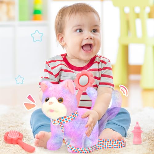 CatchCute Plush Toys Cat for Kids with Leash, Interactive Electronic Kitty That Walking,Meowing,and Tail Wagging, Pretend Play Realistic Cat Christmas Birthday Gifts for Boys and Girls