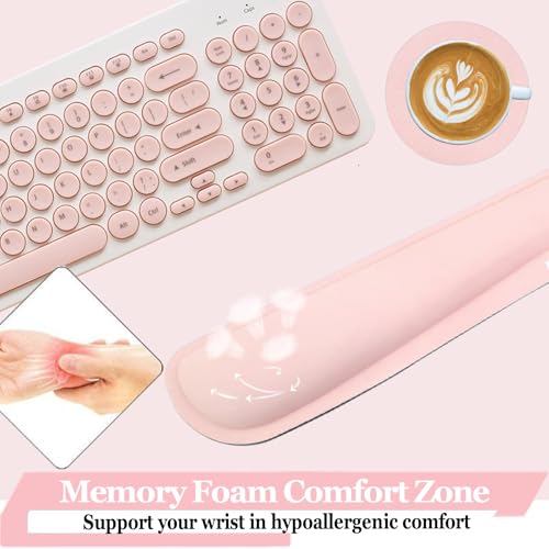 BamLue Upgrade Silky and Superfine Fabric Keyboard Wrist Rest, Gel Mouse Wrist Pillow Pad Set for Easy Typing & Pain Relief for Laptop, Office & Home, Ergonomic Sets for Keyboard-Pink