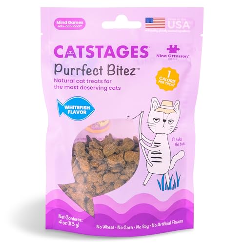 Catstages by Nina Ottosson Purrfect Bitez Natural Crunchy Cat Treats for Puzzles, Toys, Feeders, & Training, USA-Made, Real Whitefish Flavor, 4oz