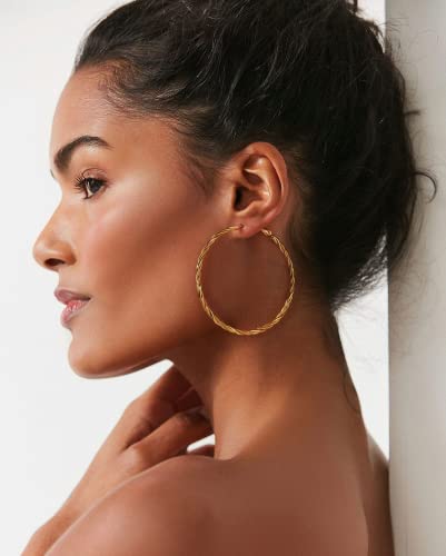 Large Gold Hoops Earrings for Women - 14K Gold Thin Twisted Hoop Earrings with 925 Sterling Silver Post, Hypoallergenic 20mm 40mm 60mm3