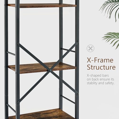 Tajsoon 4 Tier Ladder Shelf Industrial Small Bookcase, Narrow Small Bookshelf with Metal Frame, Multifunctional Skinny Shelf for Bedroom, Living Room, Home Office, Rustic Brown