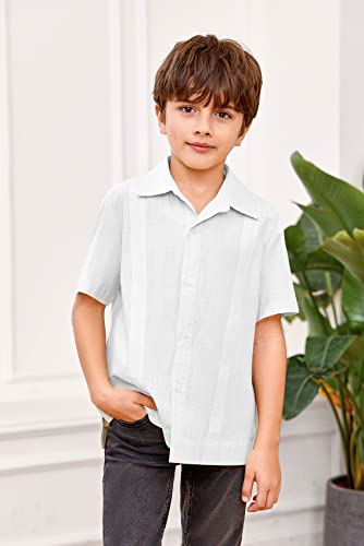 Kids Boys Linen Guayabera Shirts Short Sleeve Button Down Spread Collar Summer Solid Plain Cuban Tops White 8-10 Years #TOP1