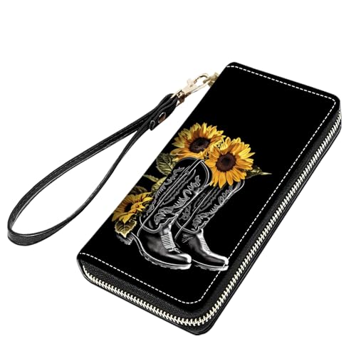 Western Cowboy Boots With Sunflower Print Women Large Capacity PU Leather Zip Around Wallet, Multifunctional Clutch Purse for Cash/Card/Coin/Smart Phone
