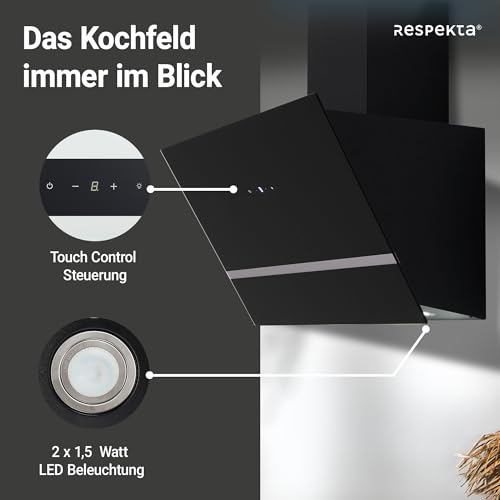 Respekta Dunstabzugshaube / Schräghaube 80 cm / Metallgehäuse mit Glasschirm in Schwarz / Abluft - und Umluftfunktion / CH24080SM / A / 65 – 70 dB