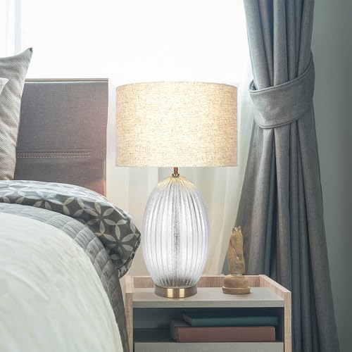 Ribbed Glass Lamp Base Clear Table Lamp Large Linen Shade