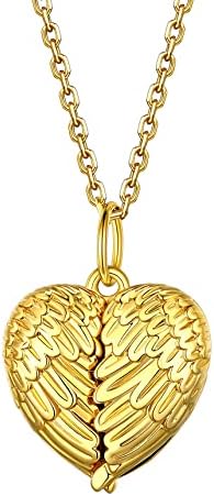 Bestyle Silver Gold Heart Shape Angel Wing Lockets for Women Girls that Hold Picture, 18K Gold Plated Memorial Message Photo Lockets Heart Pendant, Love Heart Jewelry for Birthday Anniversary