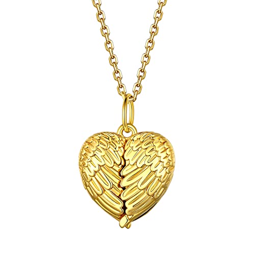 Bestyle Silver Gold Heart Shape Angel Wing Lockets for Women That Hold Picture, 18K Gold Plated Memorial Message Photo Lockets Heart Pendant, Love Heart Jewelry for Birthday Anniversary