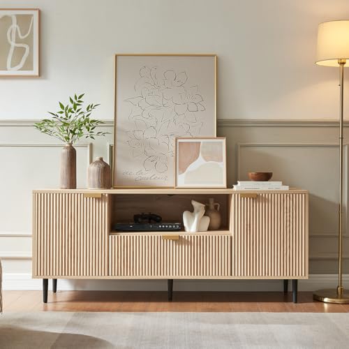 Okvnbjk Modern TV Stand for 65 Inch TV, TV Consoles for Living Room, Media Console with Soft Hinge & Drawer, Wood Fluted Entertainment Center with Storage, Oak