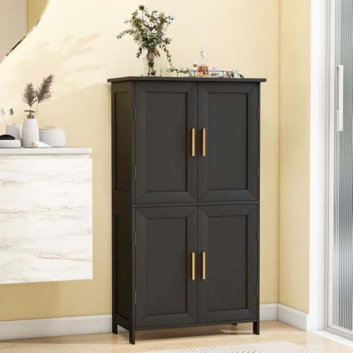 Bathroom Storage Floor Cabinet Freestanding Organizer with Adjustable Shelves for Bathroom Laundry Room,4 Doors Black 4 Doors