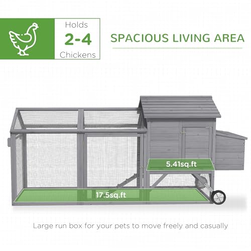 Image of PawHut 96.5 inch Chicken Coop Wooden Hen House Poultry Cage Pen Portable with Wheels and Nesting Box, Chicken Cage for Backyard Outdoor, Gray